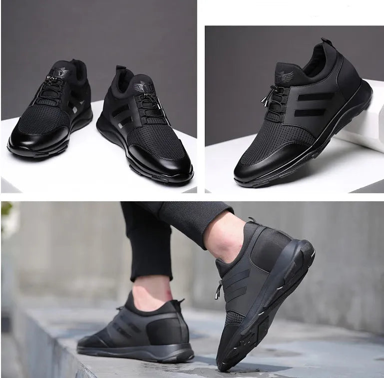 Autumn men's breathable sports shoes in black with hollow design and high-top cow split leather upper