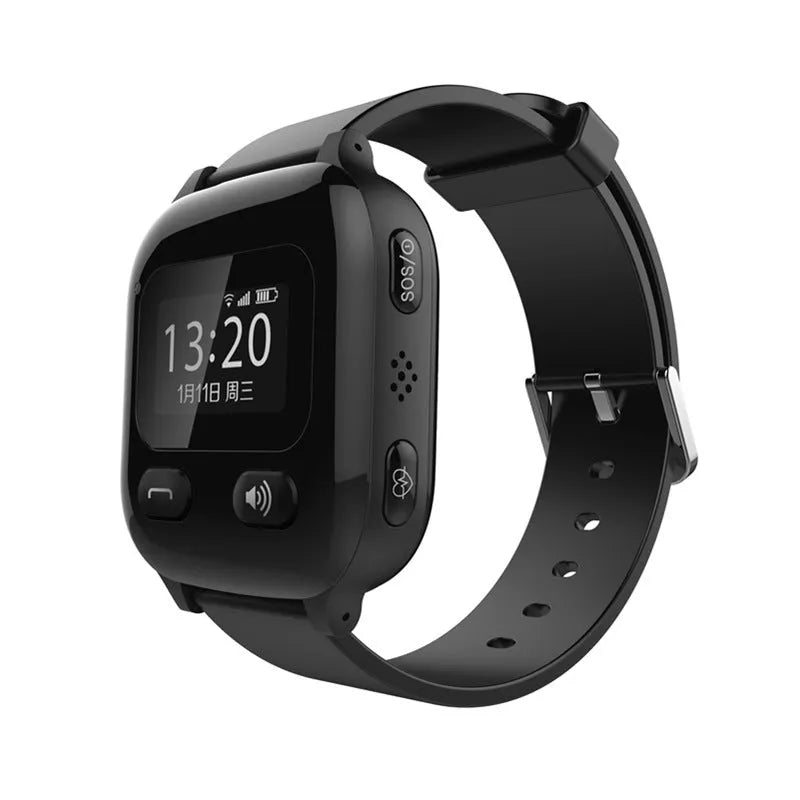 Black smart positioning watch for the elderly with a wrist strap and visible card slot.