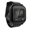 Black smart positioning watch for the elderly with a wrist strap and visible card slot.