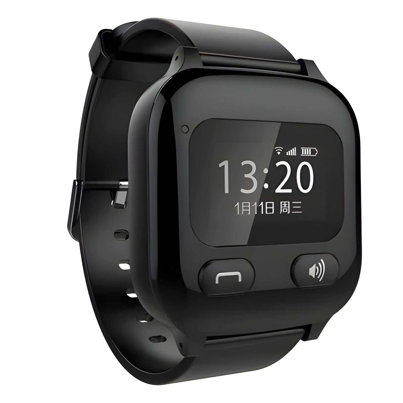 Black smart positioning watch for the elderly with a wrist strap and visible card slot.