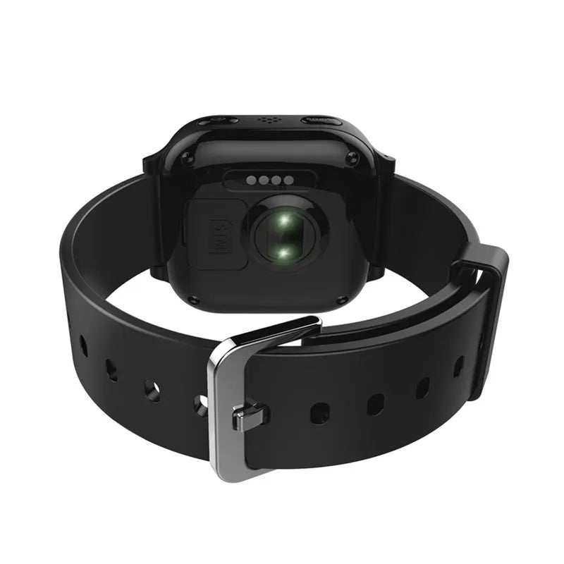 Black smart positioning watch for the elderly with a wrist strap and visible card slot.