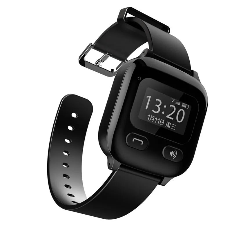 Black smart positioning watch for the elderly with a wrist strap and visible card slot.
