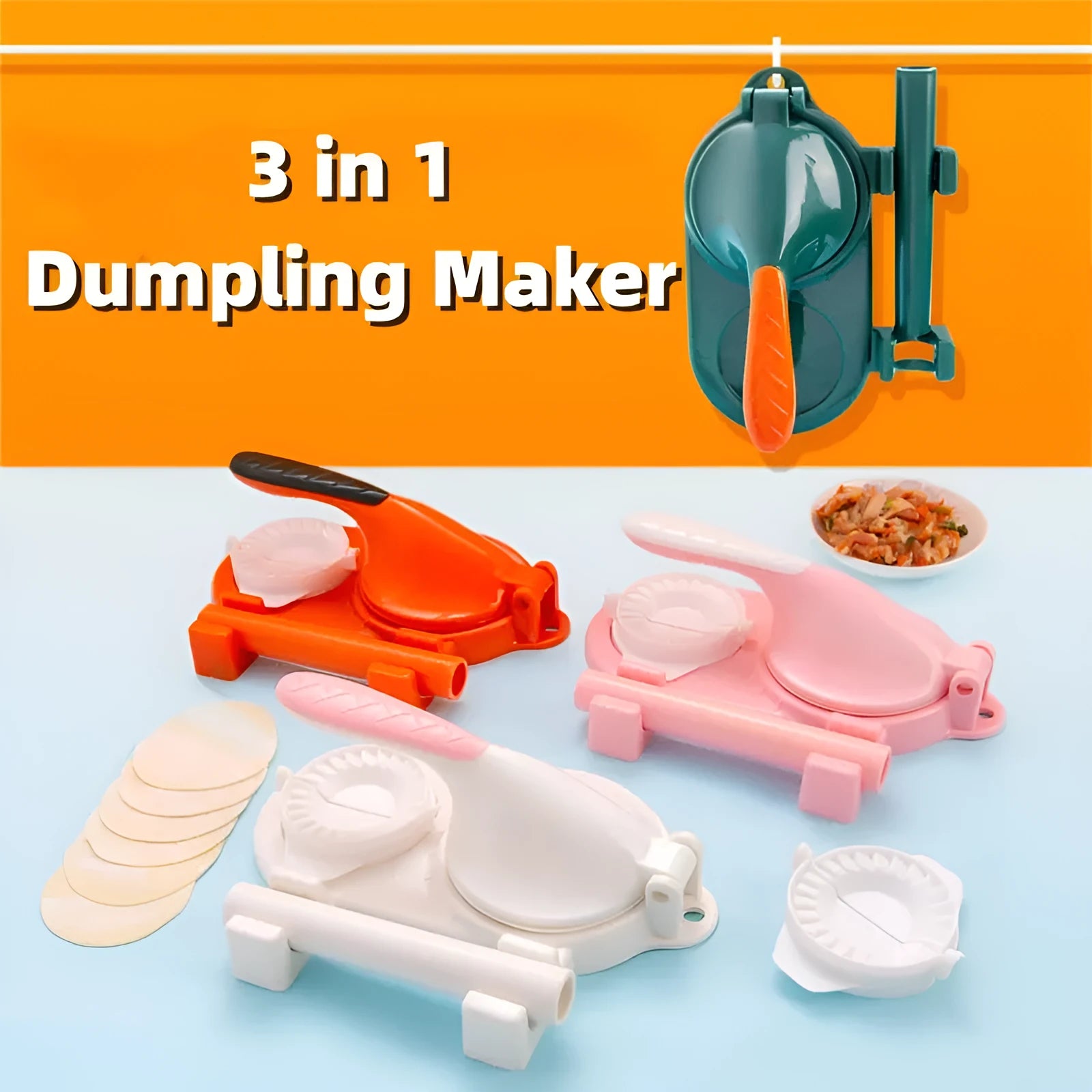 3 In 1 plastic dumpling maker with rolling pin and moulds, green colour, on kitchen countertop