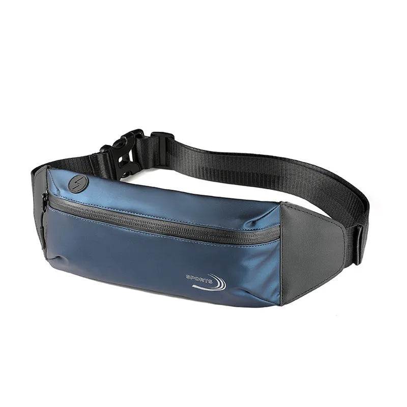 Men's blue waterproof sports waist bag made from Derm Oxford polyester with 45cm length