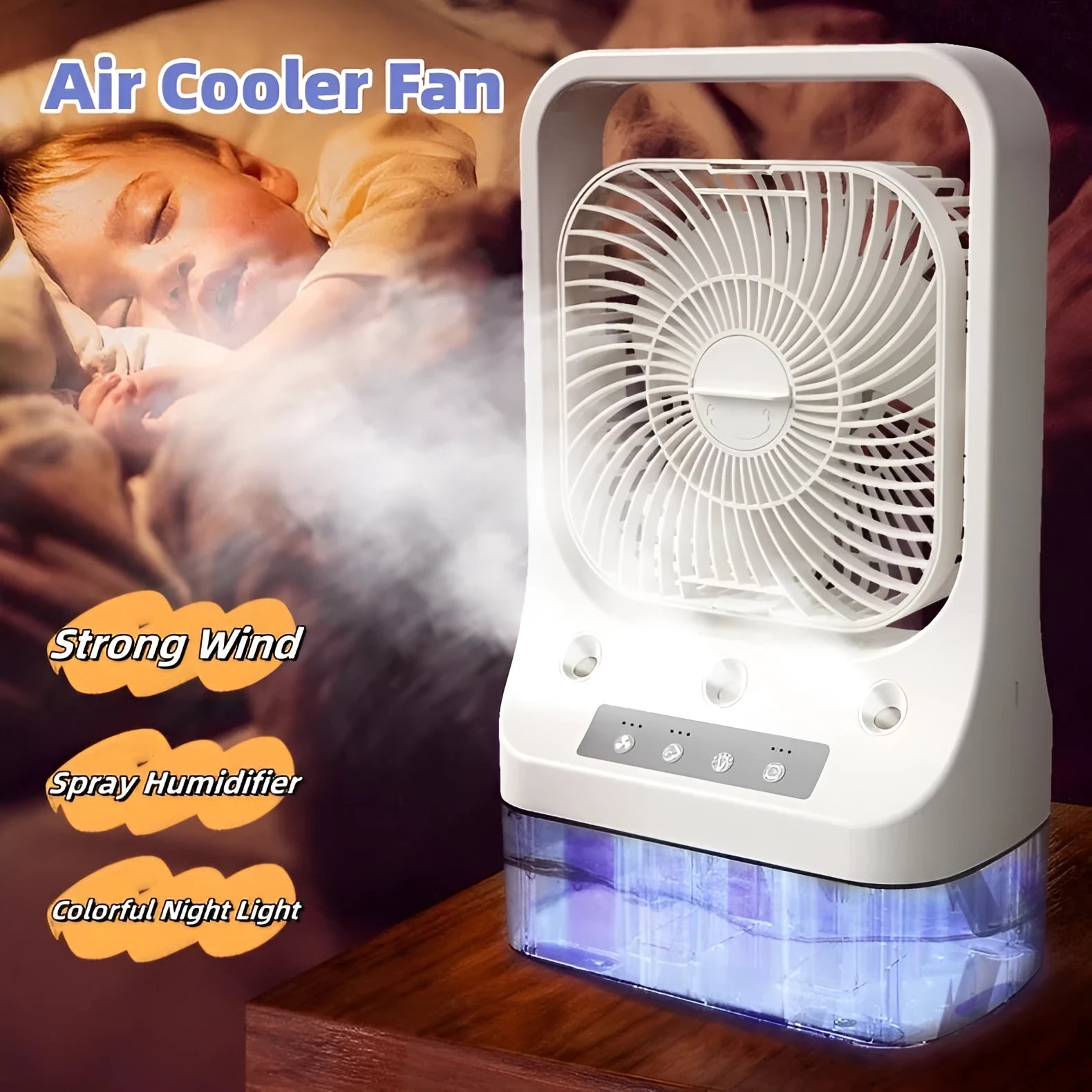 White USB rechargeable household cooling fan with water tank and adjustable nozzles
