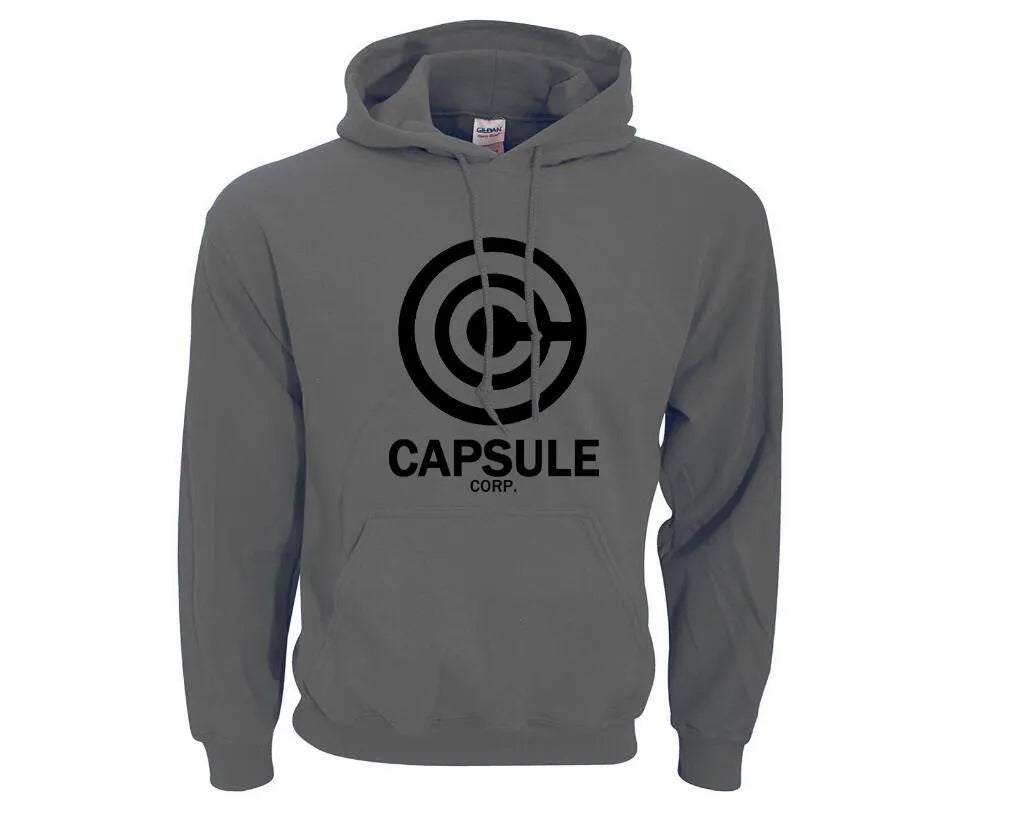 Capsule Corp men's hip hop hoodie with print pattern, turn-down collar, and hood in black white colourway