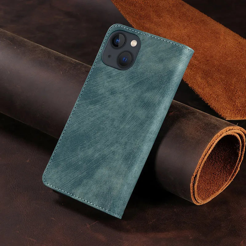 Magnetic flip leather phone case for iPhone in solid colours including red and blue.