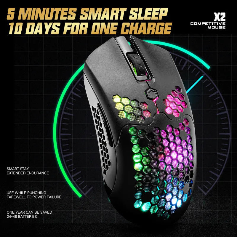 Free Wolf X2 wireless gaming mouse with RGB lighting in black, green, pink, white, and yellow colour options.