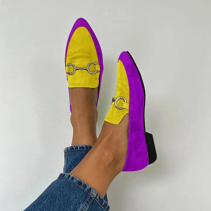 Women's casual flat suede pointed toe buckle shoes in purple, low top with rubber sole, flat heel, shallow mouth cut