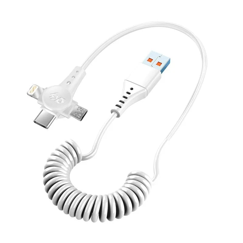Black telescopic spring coil data cable with Type-C, Micro USB and Lightning connectors extended to 1.5m