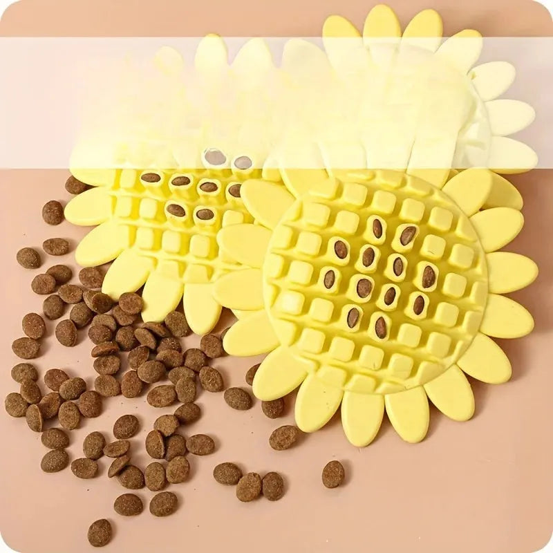 Yellow rubber sunflower-shaped dog chew toy measuring 7 cm across with textured petal surface