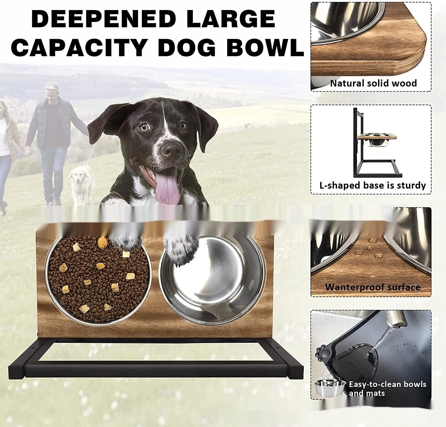 Black iron raised dog food and water bowl stand with separate cushions