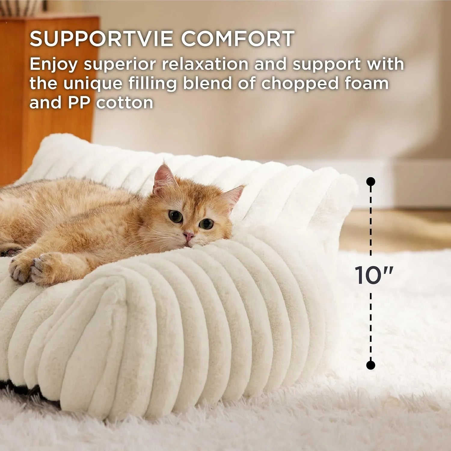 Supportive cat couch bed with three-sided design and soft corduroy fleece fabric in beige colour