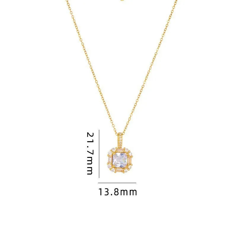 Gold titanium steel clavicle necklace with geometric zircon pendant on water wave chain