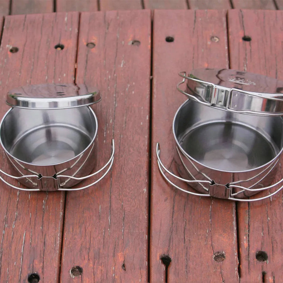 Silver stainless steel camping pot set with round design for outdoor cooking