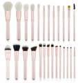 26 pink-handled makeup brushes with wool bristles in a pink PU case