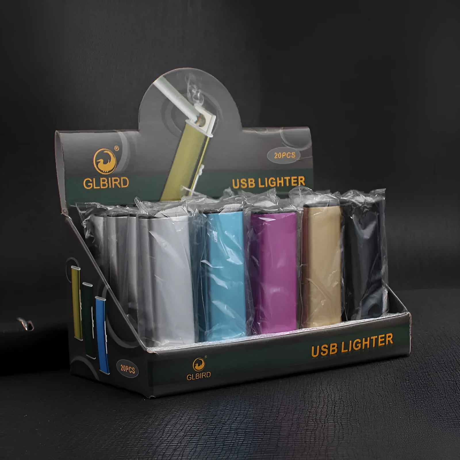 Set of 20 metal windproof rechargeable cigarette lighters in various colours, showing USB charging port.