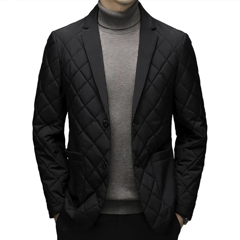 Men's thick winter down lapel jacket in solid colour with side seam pockets
