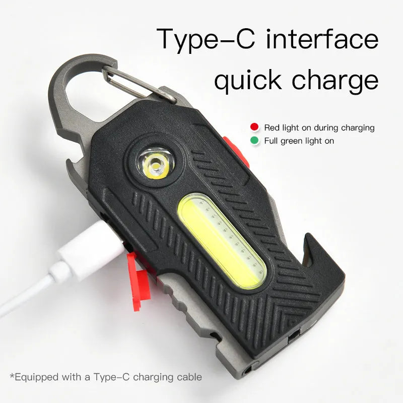Multifunctional charging emergency light with COB high brightness, mountaineering buckle, and bottle opener on a keychain