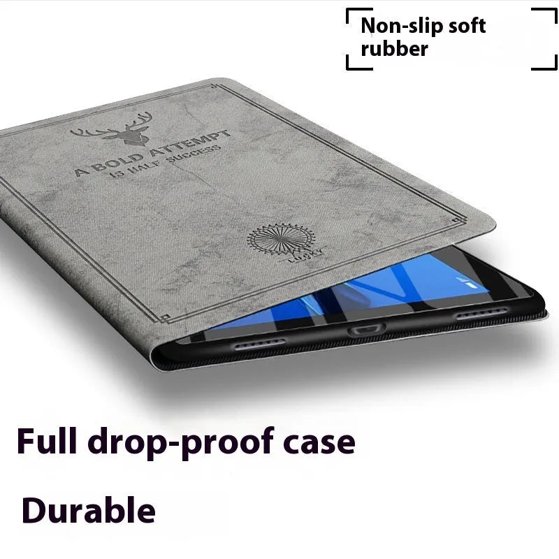 Creative deer pattern soft shell TPU leather clamshell case for iPad on a table.