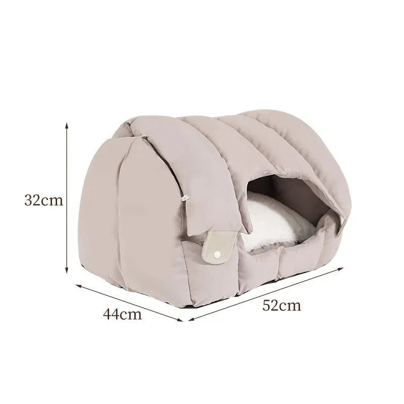 Grey arched cat nest with removable cover shown in both enclosed and open sofa configurations