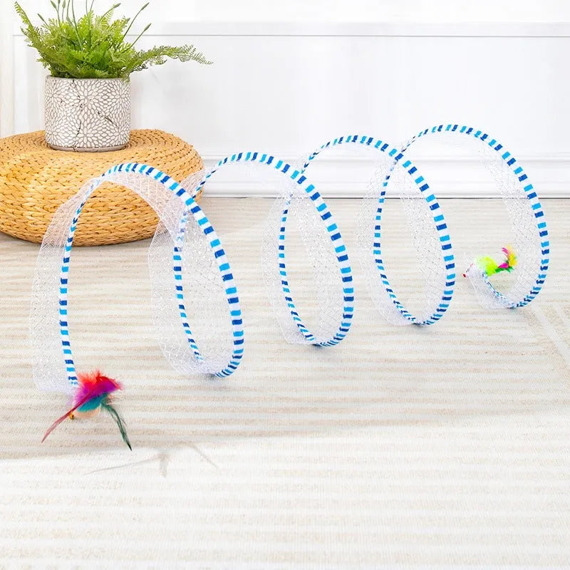 Cat toy bundle with blue tunnel, long-pole teasing stick and feather attachments