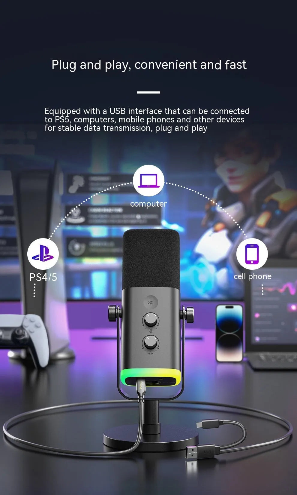Dynamic noise reduction microphone in black, pink, or white with XLR and USB cables on a desk.