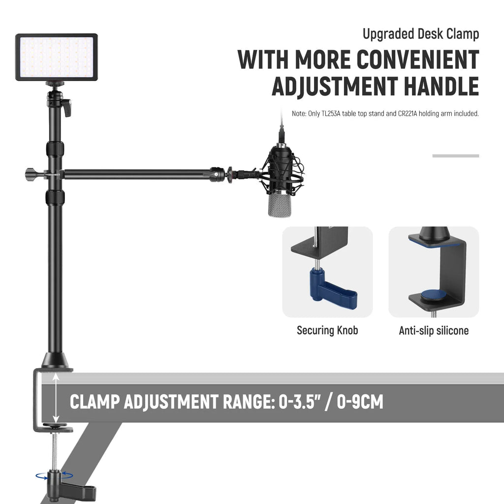 Portable metal desktop photography stand with adjustable cross arm and metal cellphone holder