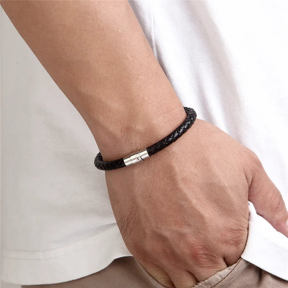 Men's titanium steel wire bracelet with a magnetic clasp, shown in a geometric design.