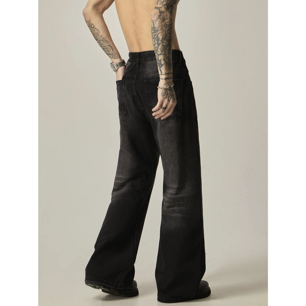 Black loose straight leg jeans with American retro styling and zipper fly