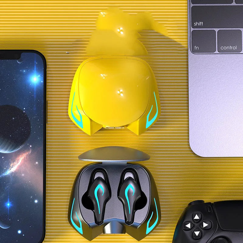 Black, grey, and yellow wireless in-ear Bluetooth gaming headsets with earplug-style design.
