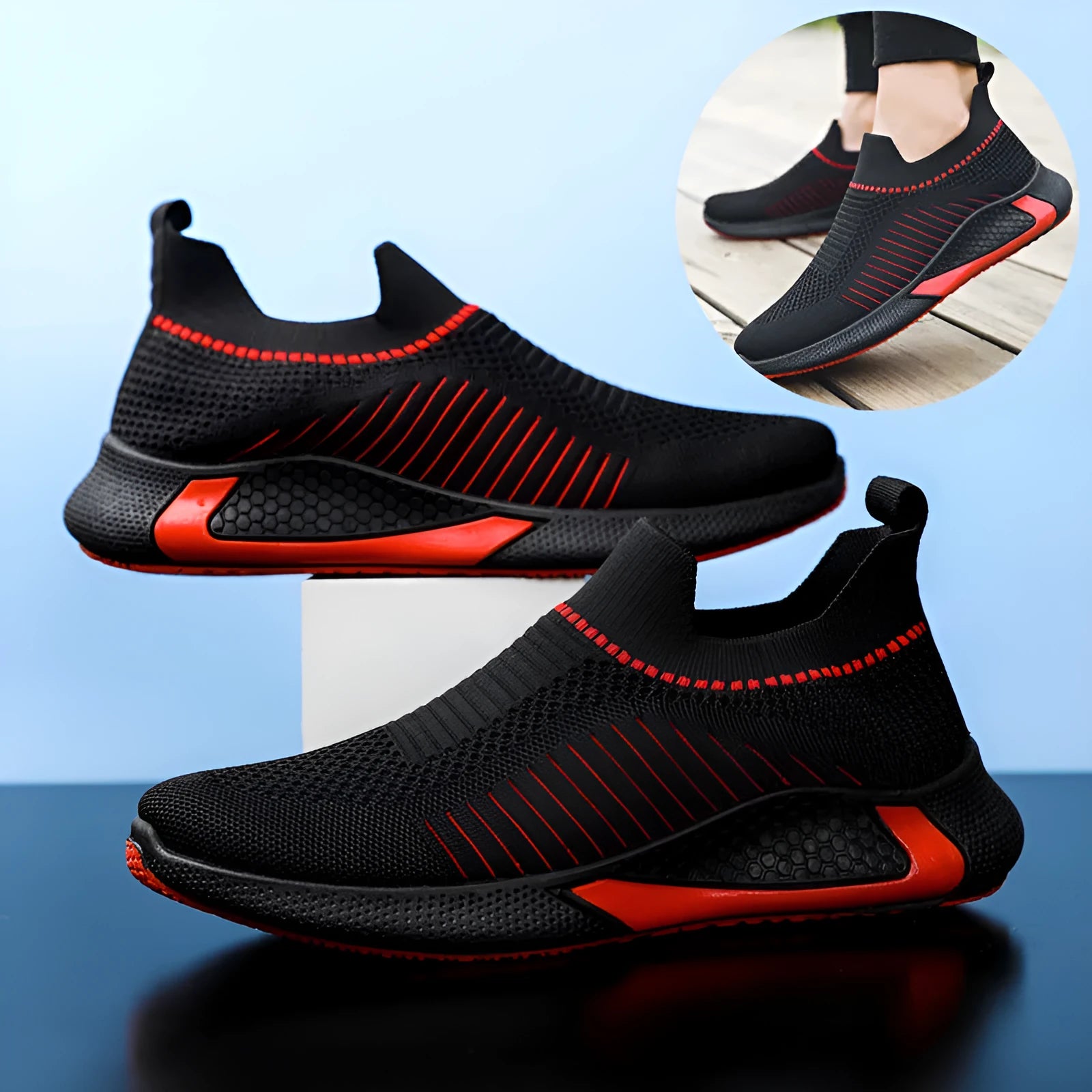 Men's striped mesh sock shoes with flyknit upper and breathable lining