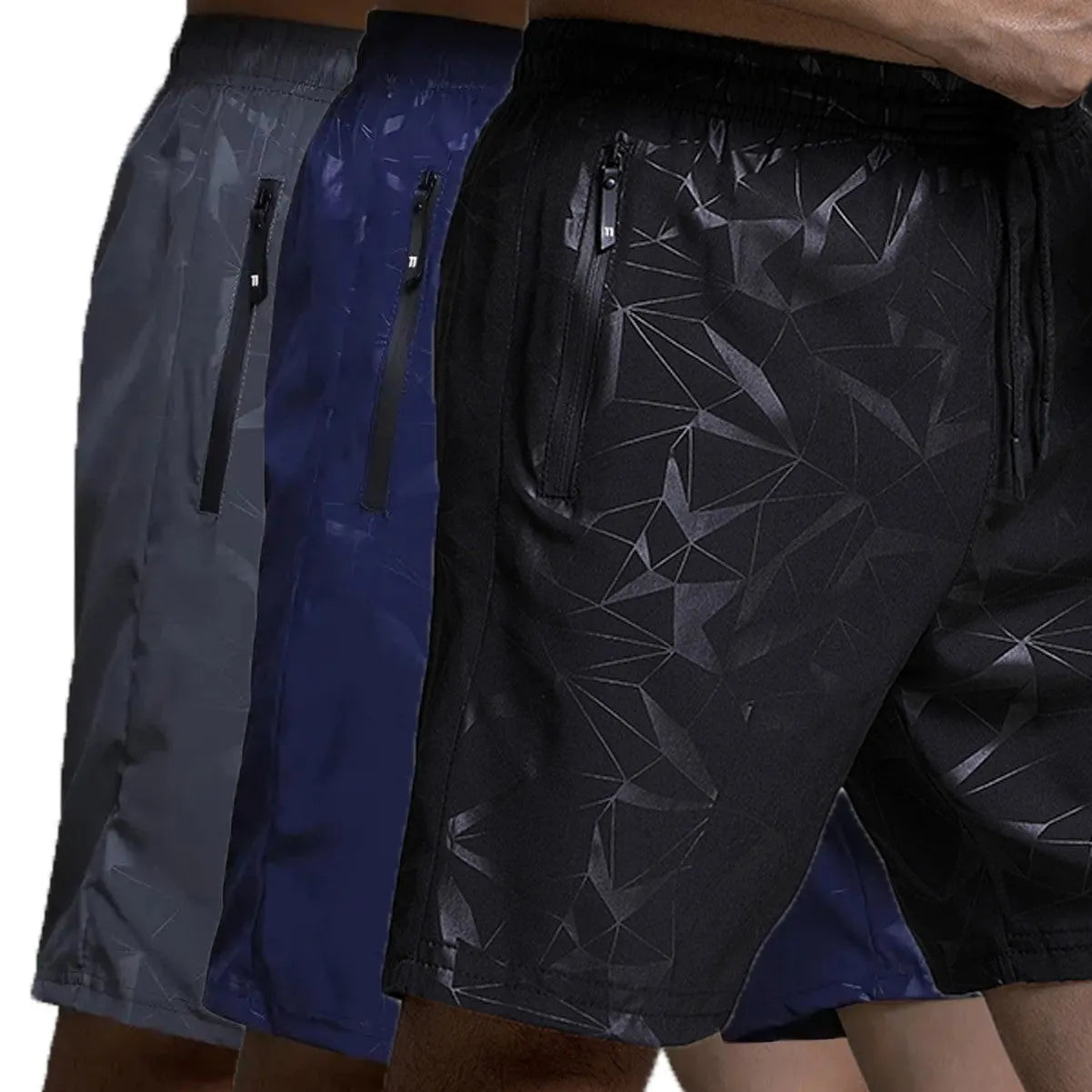 Men's loose fit polyester sports shorts in black, grey or blue colours with elastic waistband
