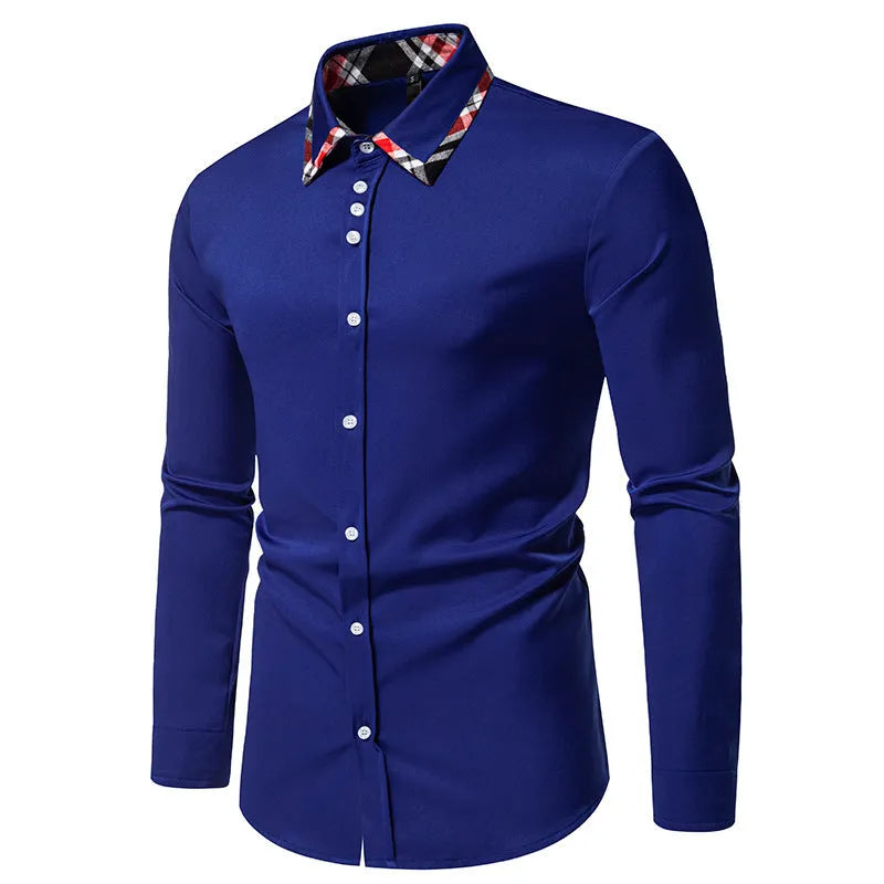 Men's blue plaid contrast long sleeve shirt with a triangle collar on a hanger.