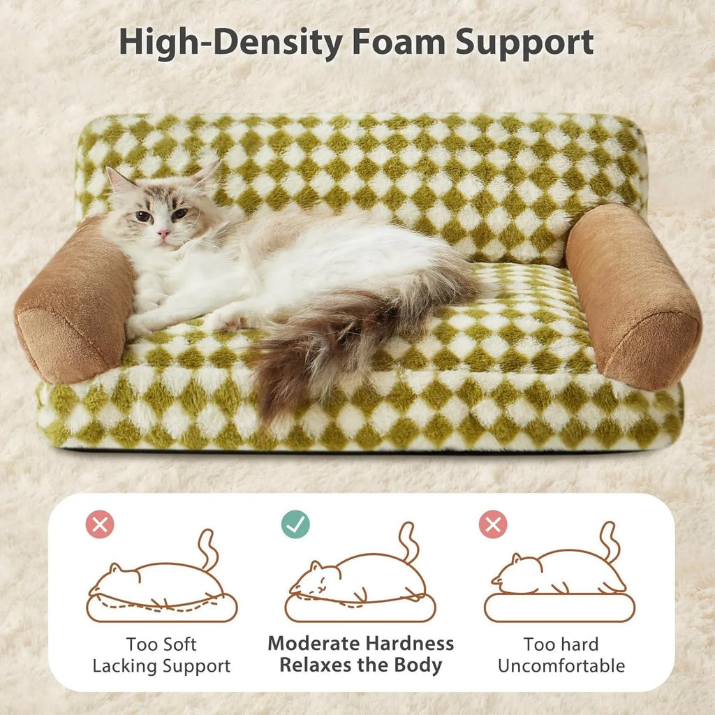 Small grey checkered pet sofa bed with a non-slip base and removable cover.