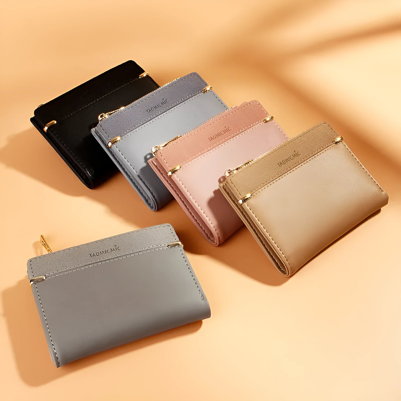 PU leather ladies wallet with zipper closure showing multiple card slots and compact fold design
