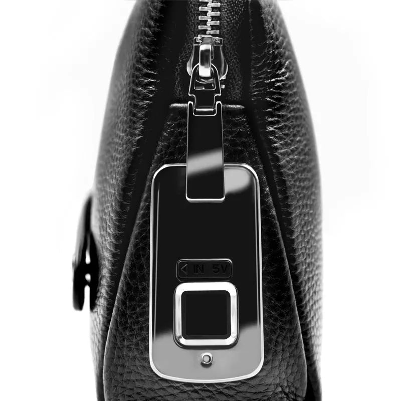 Black men's fingerprint lock wallet in head layer cowhide with zipper closure and USB charging port