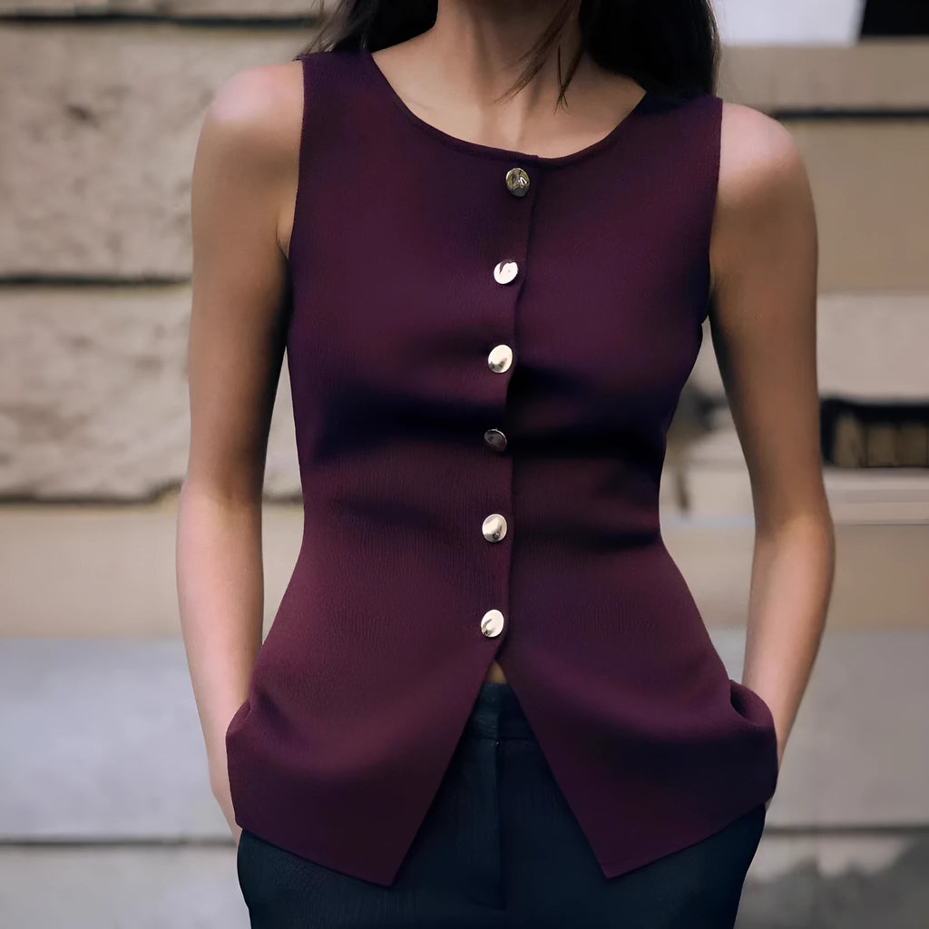 Slim fit dark red viscose sweater vest with a textured 3D pattern, shown on a model.