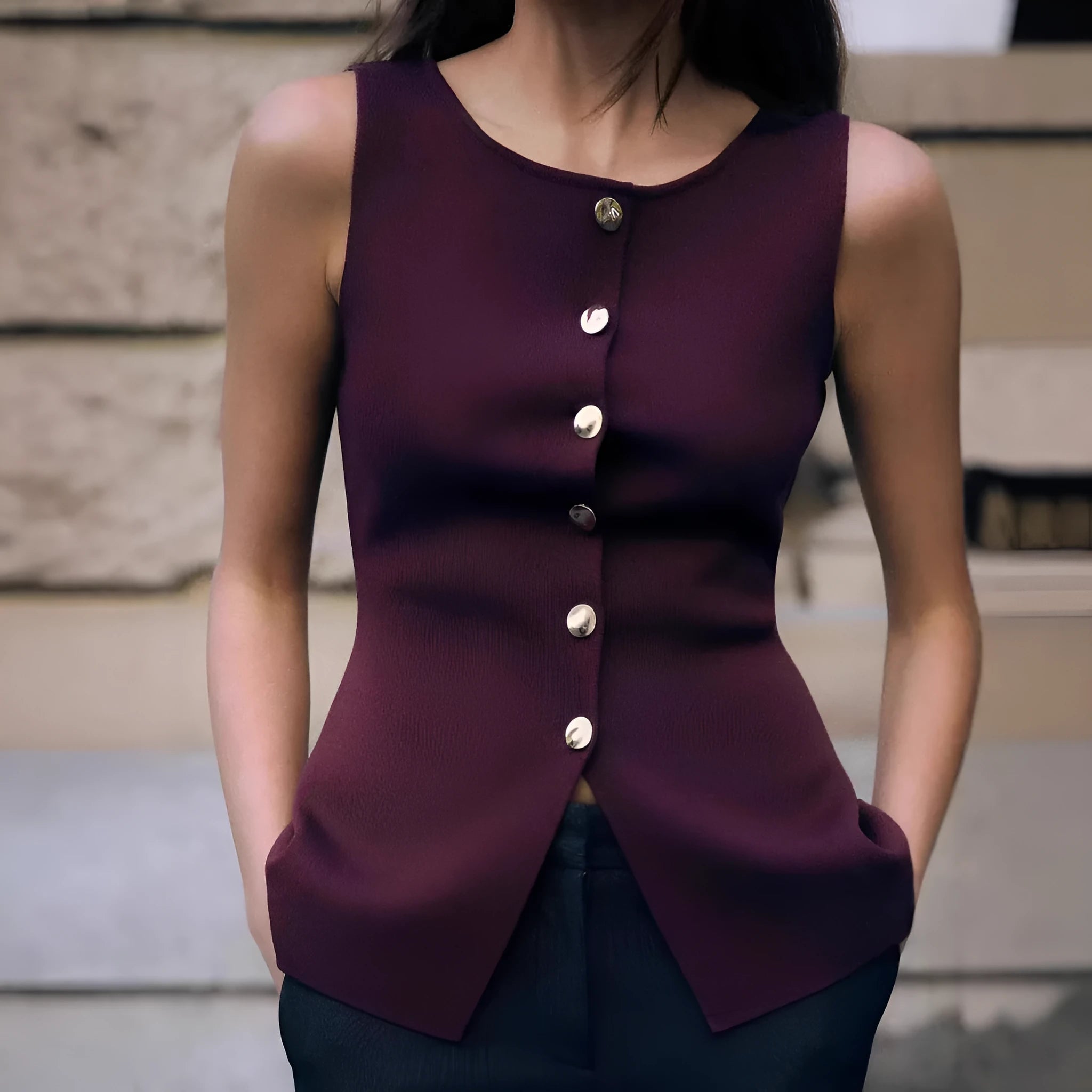 Slim fit dark red viscose sweater vest with a textured 3D pattern, shown on a model.