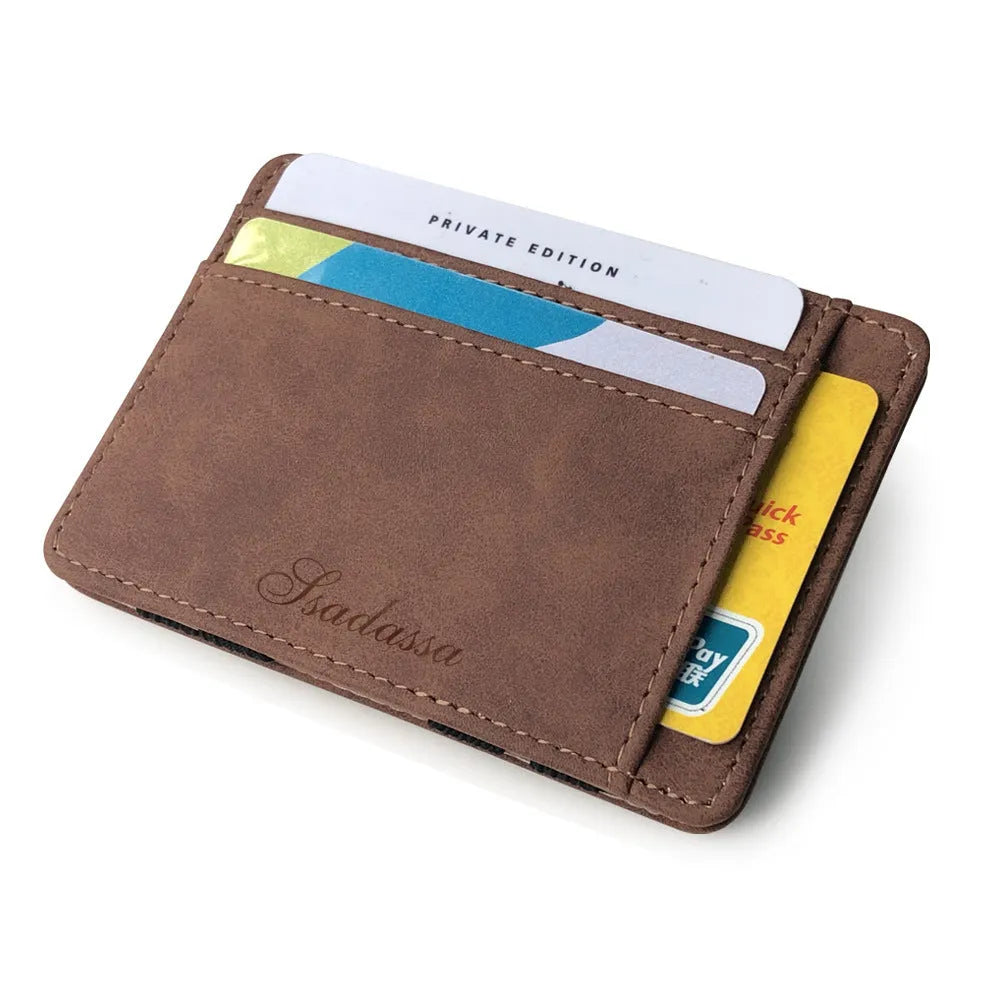 Korean style matte leather magic wallet in horizontal square shape, showing coin pocket and sewing line details.