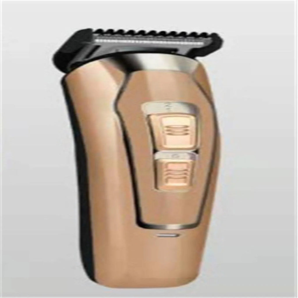 Dark blue rechargeable electric hair clipper with stainless steel blades on a white background.