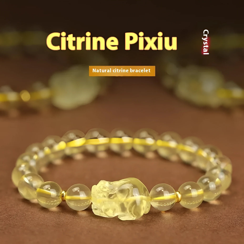 Yellow citrine Pi Xiu bracelet with artificial crystal beads on leather band