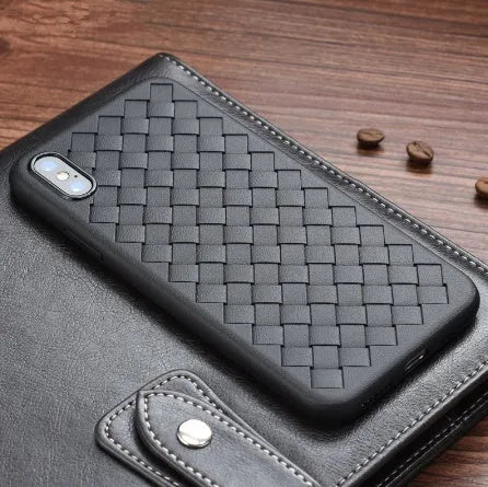 Luxury grid weaving patterned TPU phone case for iPhone shown in available colours with hollow cooling design.