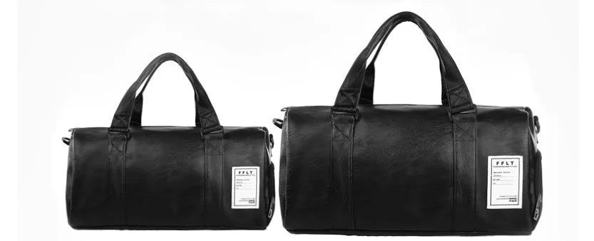 Black waterproof sports duffel bag with two side shoe compartments and diagonal straps, shown in large and small sizes.
