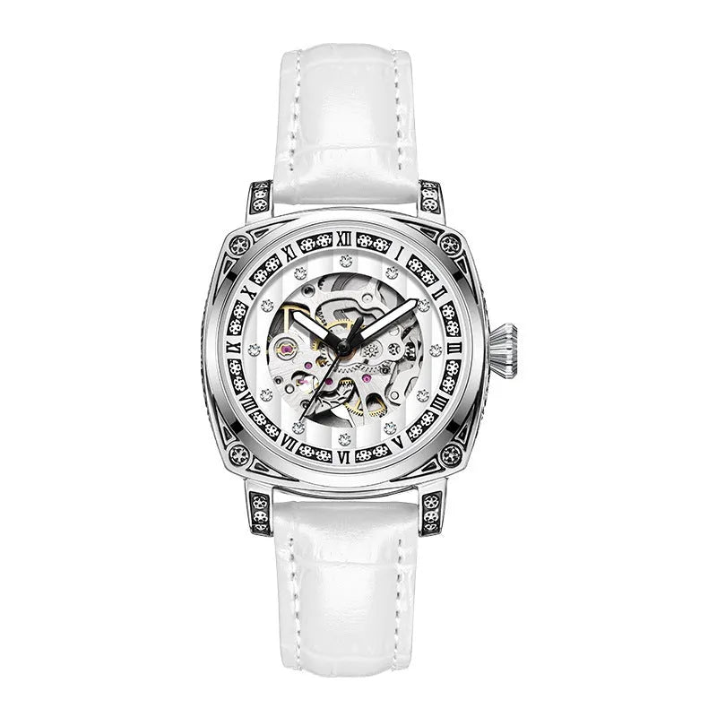 Mechanical wristwatch with luminous hands on leather strap in choice of colours