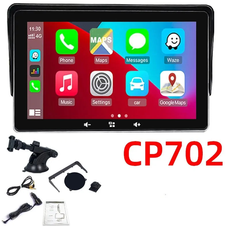7 inch car wireless CarPlay display with astern camera on a dashboard suction cup mount.