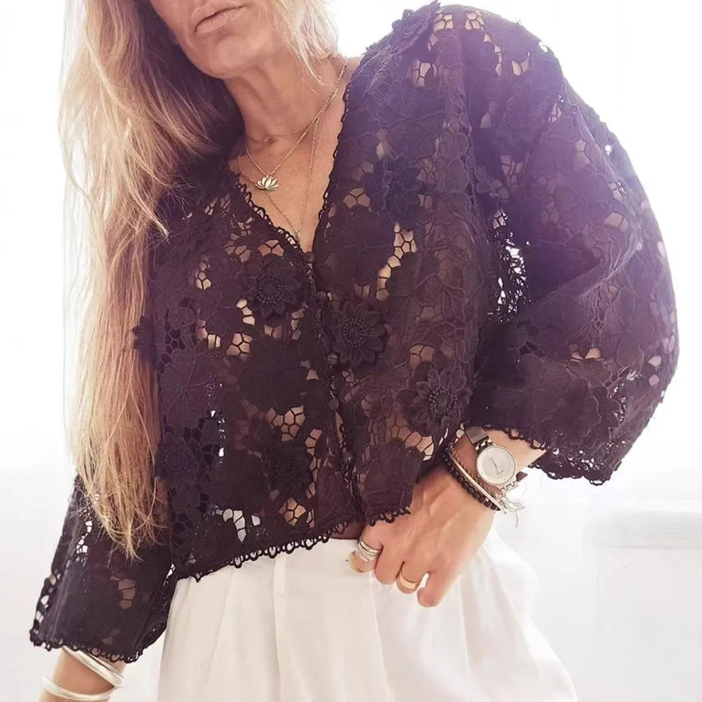 Women's loose fit V-neck lace cardigan with 3D flower decorations and hollow long sleeves in black.