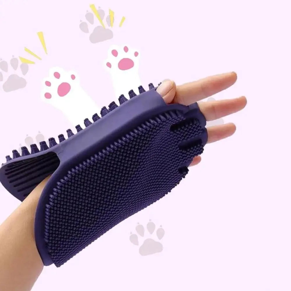 Purple dual-sided pet shampoo and massage brush with soft TPR bristles and ergonomic handle.