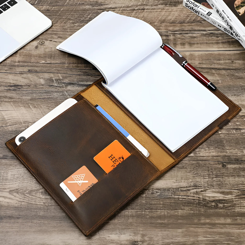 Brown Crazy Horse leather A5 notebook protective sleeve with multiple storage compartments