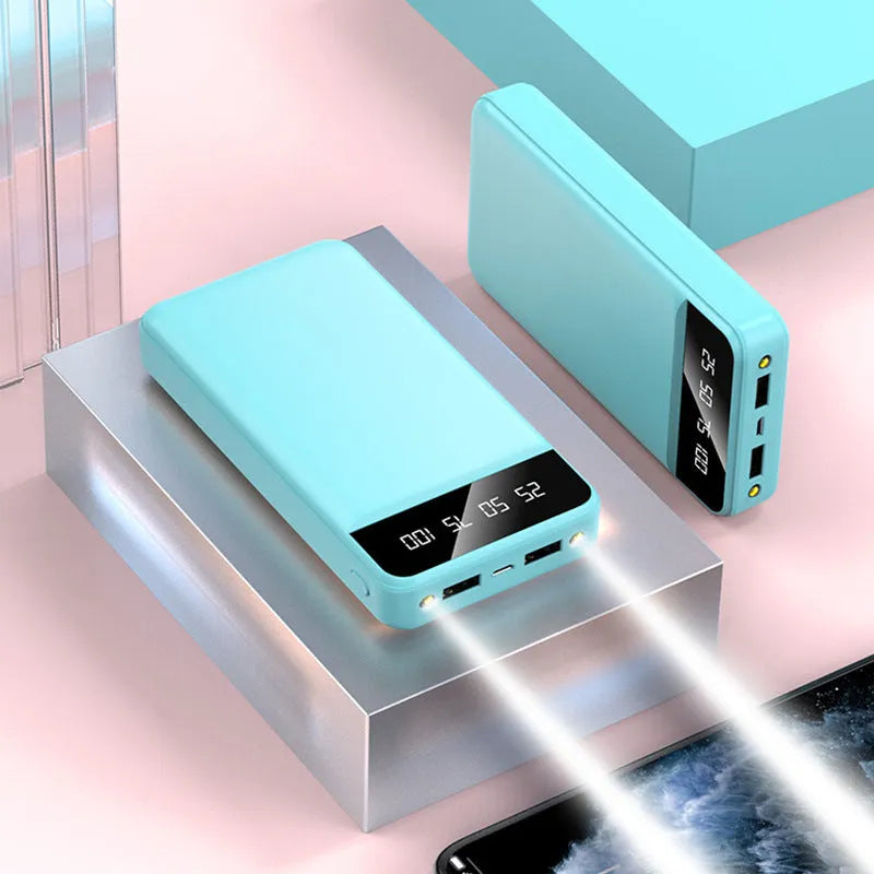 20000mAh polymer power bank in black, white, pink or blue with multiple USB ports